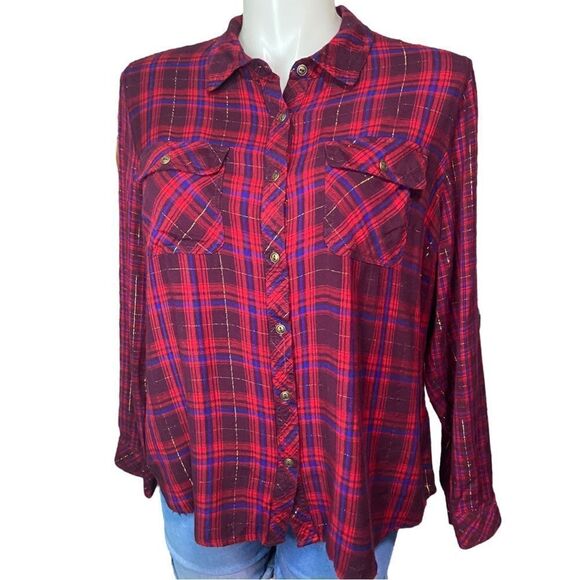 Cato Long Sleeve Red Blue and Metallic Gold  Plaid Button Up  Plus Size 18/20W - Picture 1 of 7